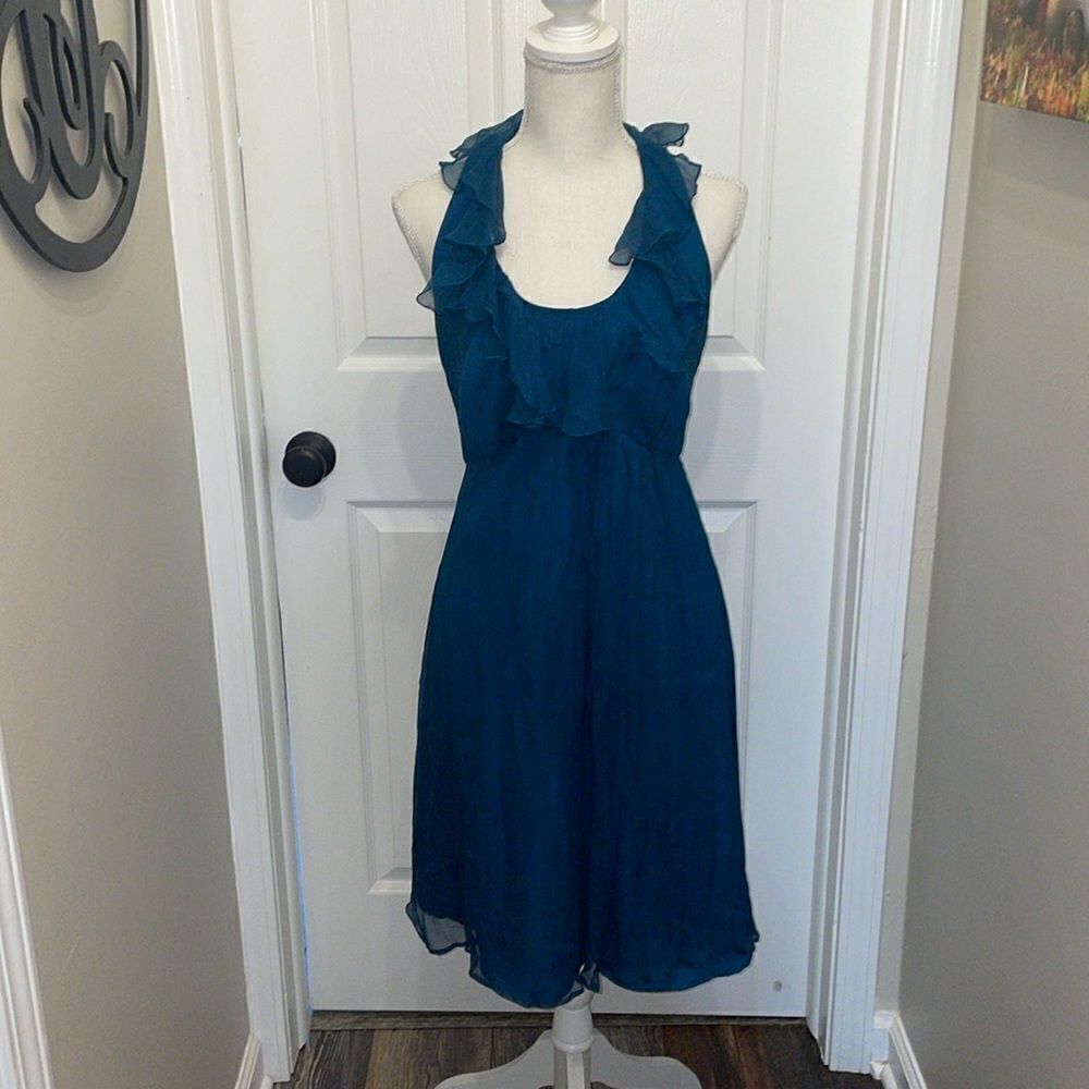 Amsale Teal Chiffon Ruffle Halter Knee Length Formal Dress